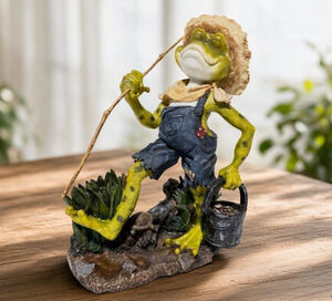 Farmer Frog Gone Fishing Resin Figurine 7" Whimsical Country Garden Home Decor